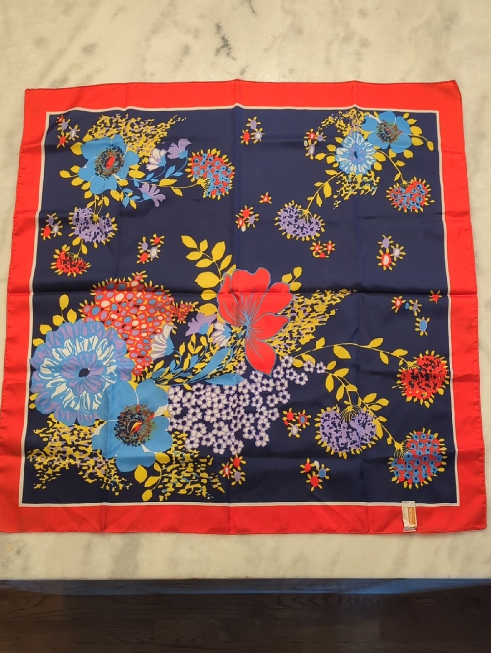 vintage Trevira blue/red floral printed silk square scarf with multicolor flower